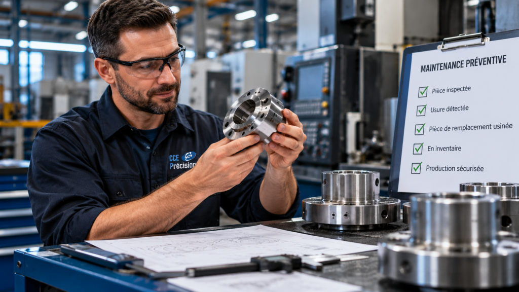 Technician inspecting a machined component in an industrial workshop beside a preventive maintenance checklist.