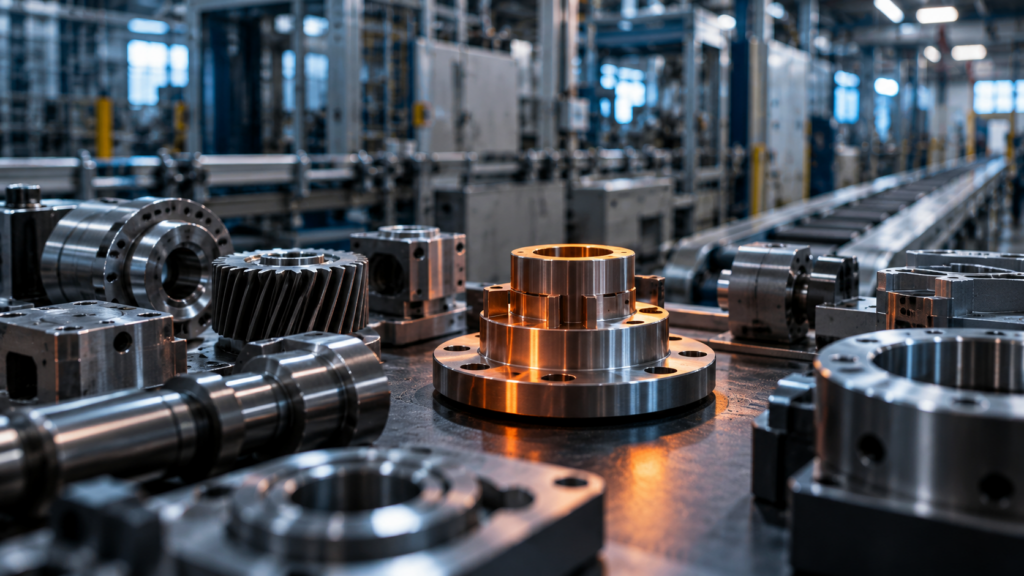 Machined metal parts in a factory, with a central component highlighted in orange light.